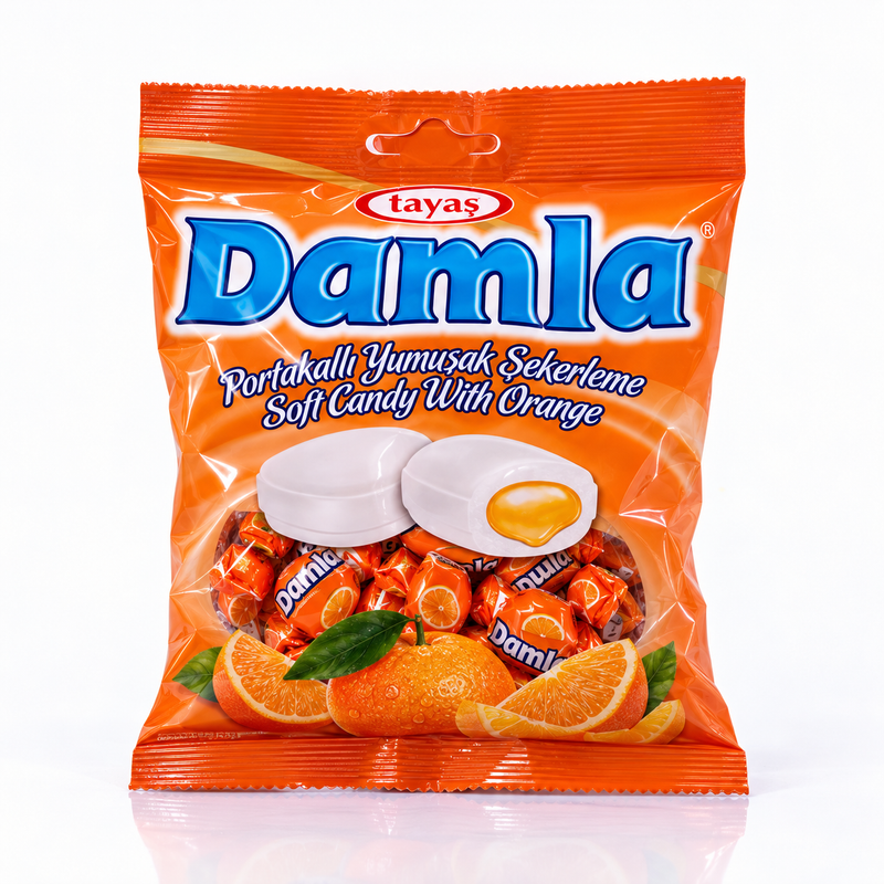 Damla Soft Candies with Orange Flavoured Filling 90g